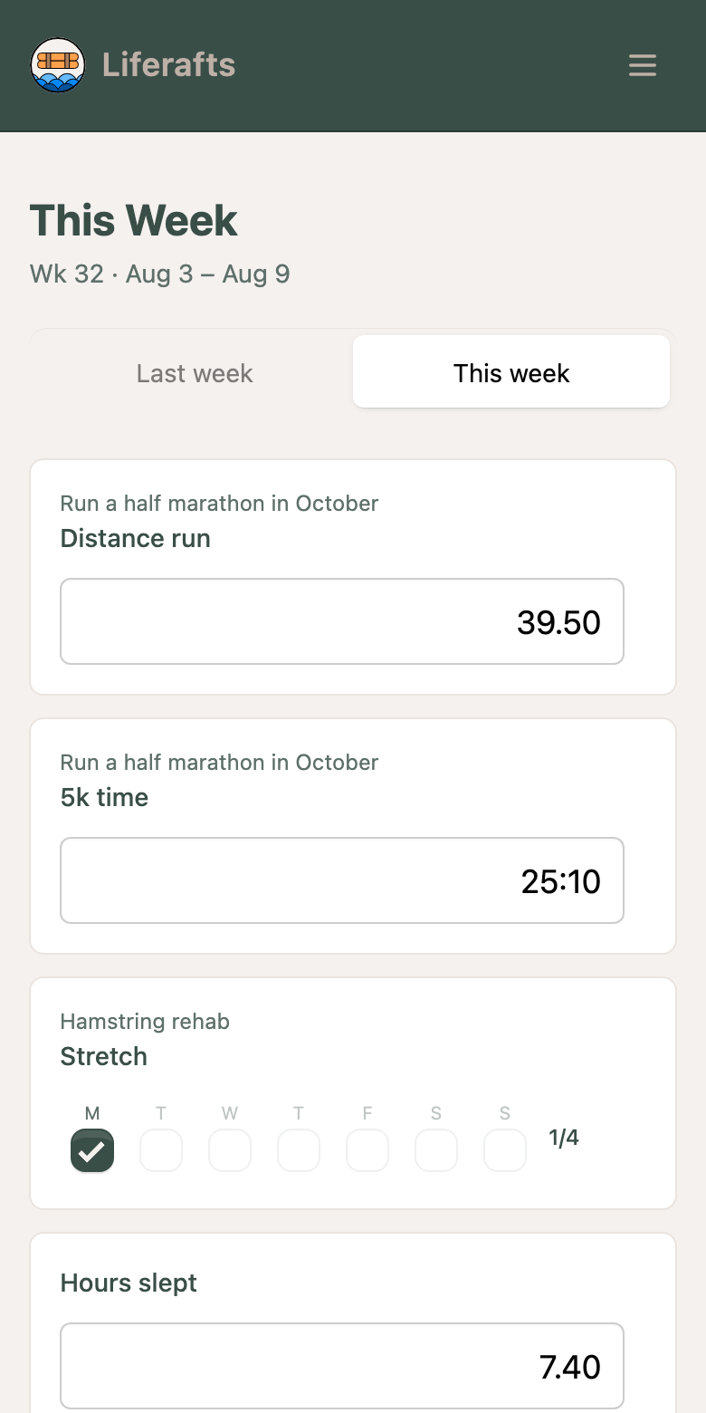 The This Week page on a phone. Each metric is its own card with a box for this
                        week's number, and the daily habit shows seven checkboxes with the first few
                        ticked.